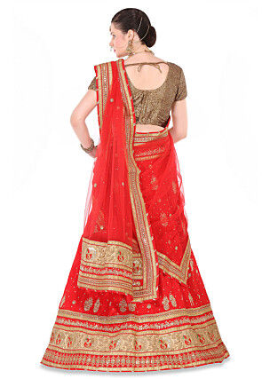 Hand Embroidered Bhagalpuri Silk Circular Lehenga in Red