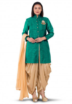Hand Embroidered Bhagalpuri Silk Punjabi Suit in Teal Green