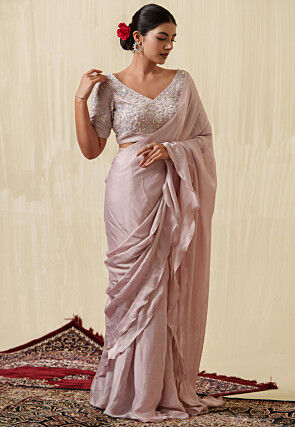 Hand Embroidered Blouse Satin Georgette Saree in Peach