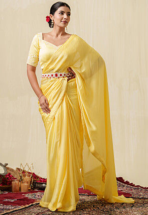 Hand Embroidered Blouse Satin Georgette Saree in Yellow