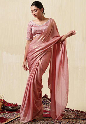 Hand Embroidered Blouse Satin Georgette Shimmer Saree in Peach
