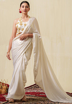 Hand Embroidered Blouse Shimmer Satin Georgette Saree in White