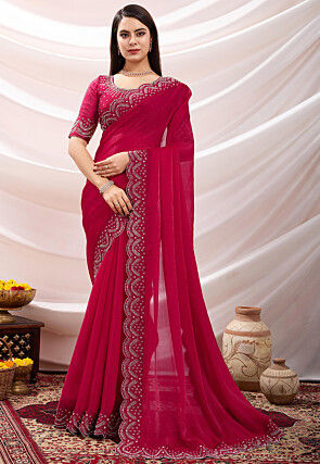 Hand Embroidered Border Chiffon Scalloped Saree in Fuchsia