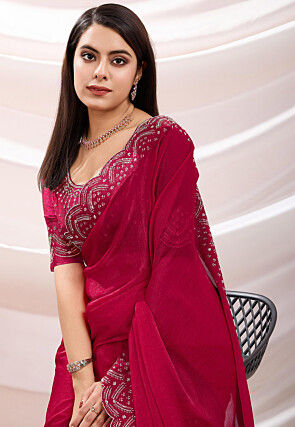 Hand Embroidered Border Chiffon Scalloped Saree in Fuchsia