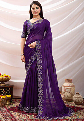 Hand Embroidered Border Chiffon Scalloped Saree in Purple