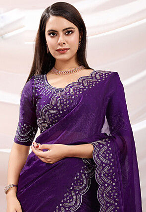 Hand Embroidered Border Chiffon Scalloped Saree in Purple