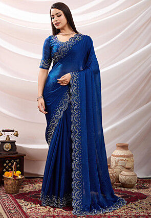Hand Embroidered Border Chiffon Scalloped Saree in Royal Blue