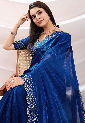 Hand Embroidered Border Chiffon Scalloped Saree in Royal Blue