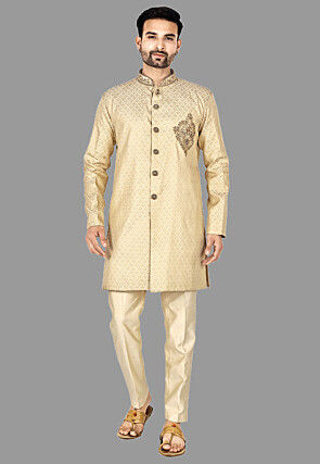 Hand Embroidered Brocade Silk Sherwani in Beige