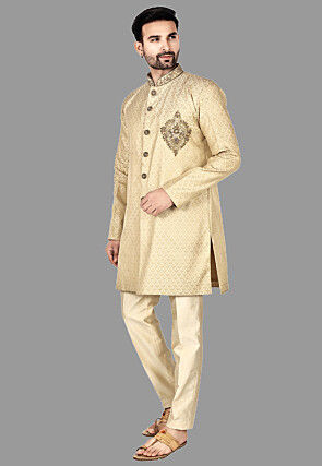 Hand Embroidered Brocade Silk Sherwani in Beige