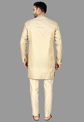 Hand Embroidered Brocade Silk Sherwani in Beige