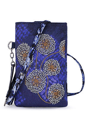Hand Embroidered Canvas Mobile Pouch in Blue