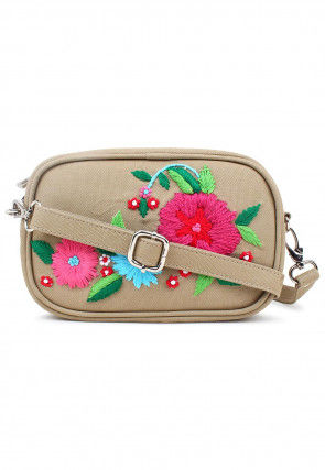 Hand Embroidered Canvas Sling Bag in Beige