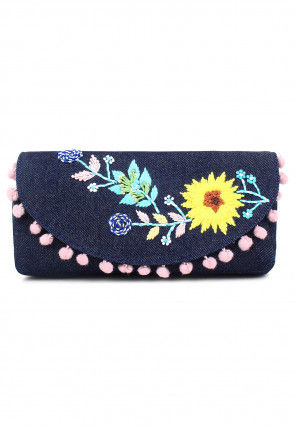 Hand Embroidered Canvas Waist Bag in Navy Blue