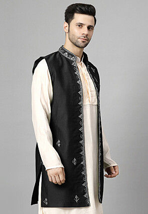 Hand Embroidered Chanderi Cotton Long Jacket in Black
