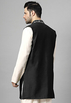 Hand Embroidered Chanderi Cotton Long Jacket in Black