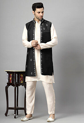 Hand Embroidered Chanderi Cotton Long Jacket in Black