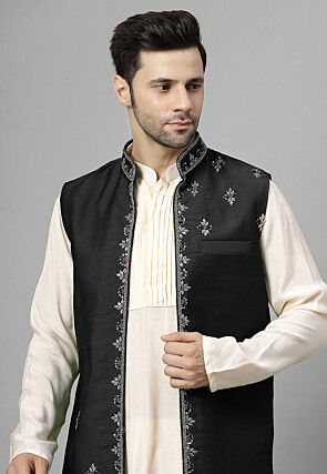 Hand Embroidered Chanderi Cotton Long Jacket in Black