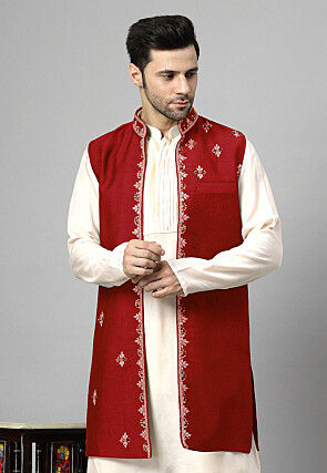 Hand Embroidered Chanderi Cotton Long Jacket in Red