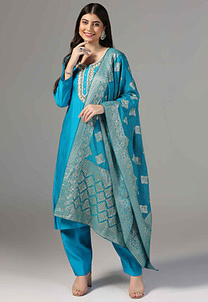 Hand Embroidered Chanderi Cotton Pakistani Suit in Blue