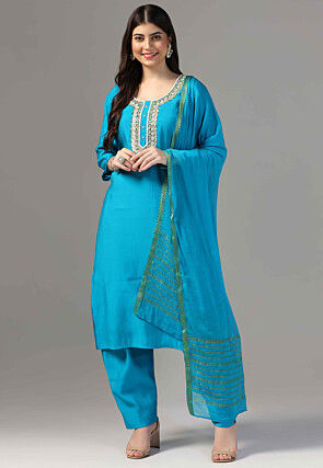 Hand Embroidered Chanderi Cotton Pakistani Suit in Blue