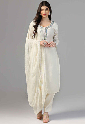 Hand Embroidered Chanderi Cotton Pakistani Suit in Cream