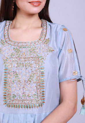 Hand Embroidered Chanderi Peplum Style Kurti Set in Pastel Blue