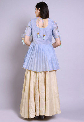 Hand Embroidered Chanderi Peplum Style Kurti Set in Pastel Blue