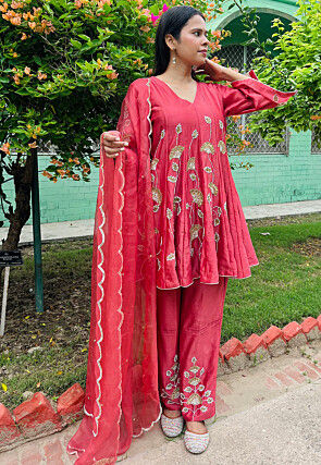 Hand Embroidered Chanderi Silk Anarkali Suit in Coral Pink