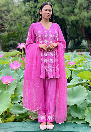 Hand Embroidered Chanderi Silk Anarkali Suit in Light Fuchsia