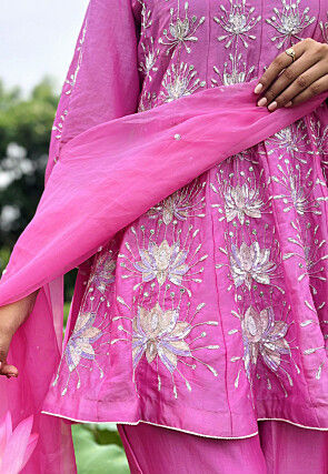 Hand Embroidered Chanderi Silk Anarkali Suit in Light Fuchsia