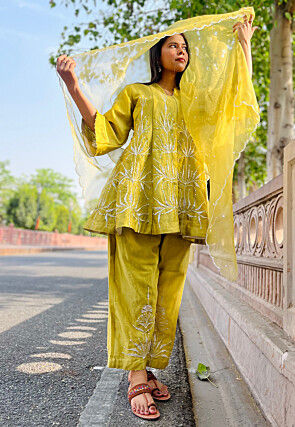 Hand Embroidered Chanderi Silk Anarkali Suit in Light Olive Green