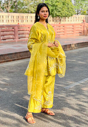 Hand Embroidered Chanderi Silk Anarkali Suit in Light Olive Green