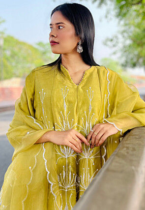 Hand Embroidered Chanderi Silk Anarkali Suit in Light Olive Green