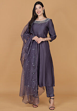 Hand Embroidered Chanderi Silk Anarkali Suit in Purple