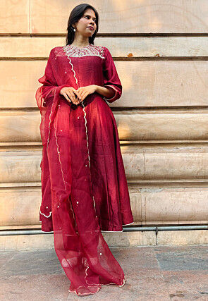 Hand Embroidered Chanderi Silk Anarkali Suit in Red