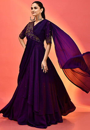 Hand Embroidered Chanderi Silk Lehenga in Violet