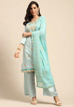 Hand Embroidered Chanderi Silk Pakistani Suit in Light Blue