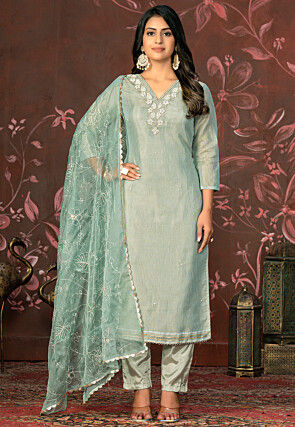 Hand Embroidered Chanderi Silk Pakistani Suit in Light Blue