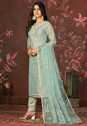 Hand Embroidered Chanderi Silk Pakistani Suit in Light Blue