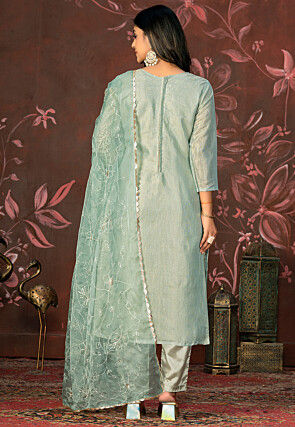 Hand Embroidered Chanderi Silk Pakistani Suit in Light Blue