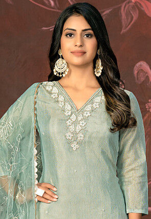 Hand Embroidered Chanderi Silk Pakistani Suit in Light Blue