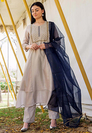 Hand Embroidered Chanderi Silk Pakistani Suit in Light Fawn