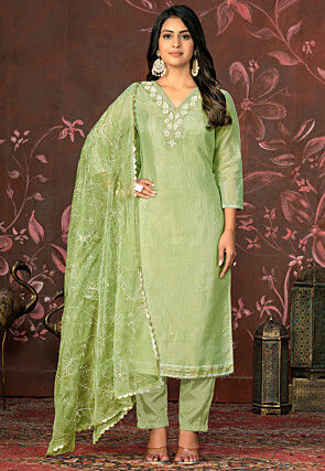 Hand Embroidered Chanderi Silk Pakistani Suit in Light Green