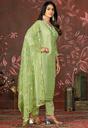 Hand Embroidered Chanderi Silk Pakistani Suit in Light Green