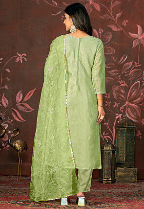 Hand Embroidered Chanderi Silk Pakistani Suit in Light Green