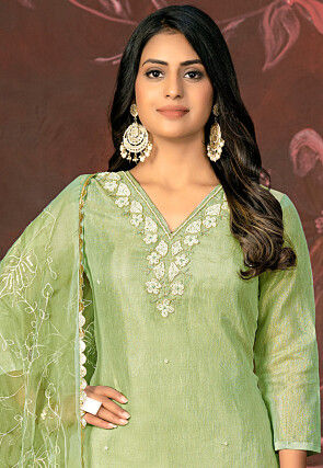 Hand Embroidered Chanderi Silk Pakistani Suit in Light Green