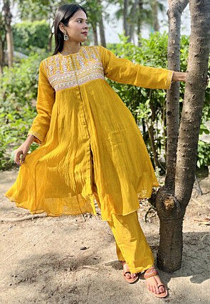 Hand Embroidered Chanderi Silk Pakistani Suit in Mustard