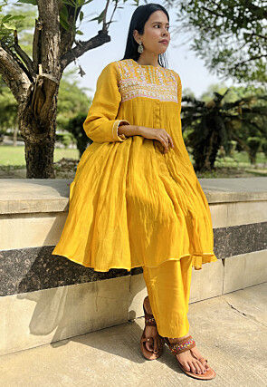 Hand Embroidered Chanderi Silk Pakistani Suit in Mustard