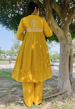 Hand Embroidered Chanderi Silk Pakistani Suit in Mustard